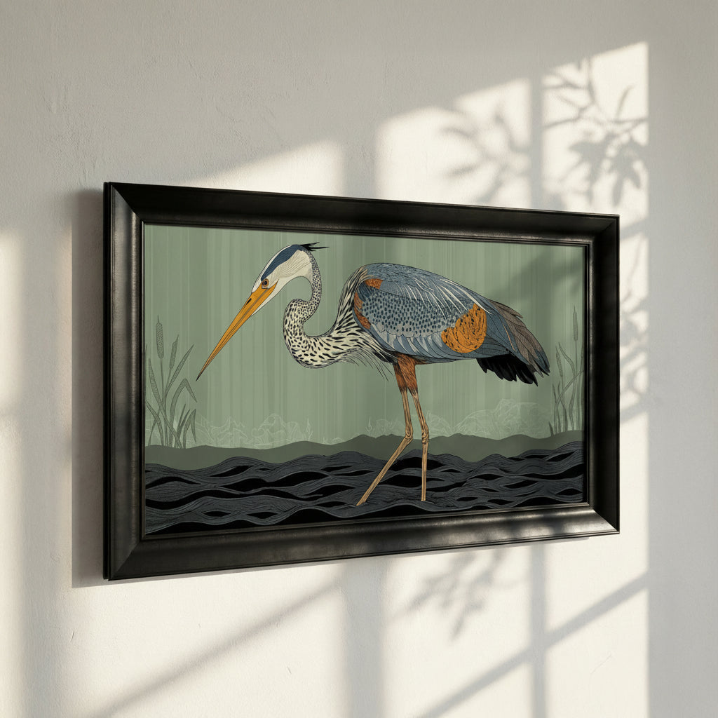 Blue Heron Bird Drawing Framed Canvas Print