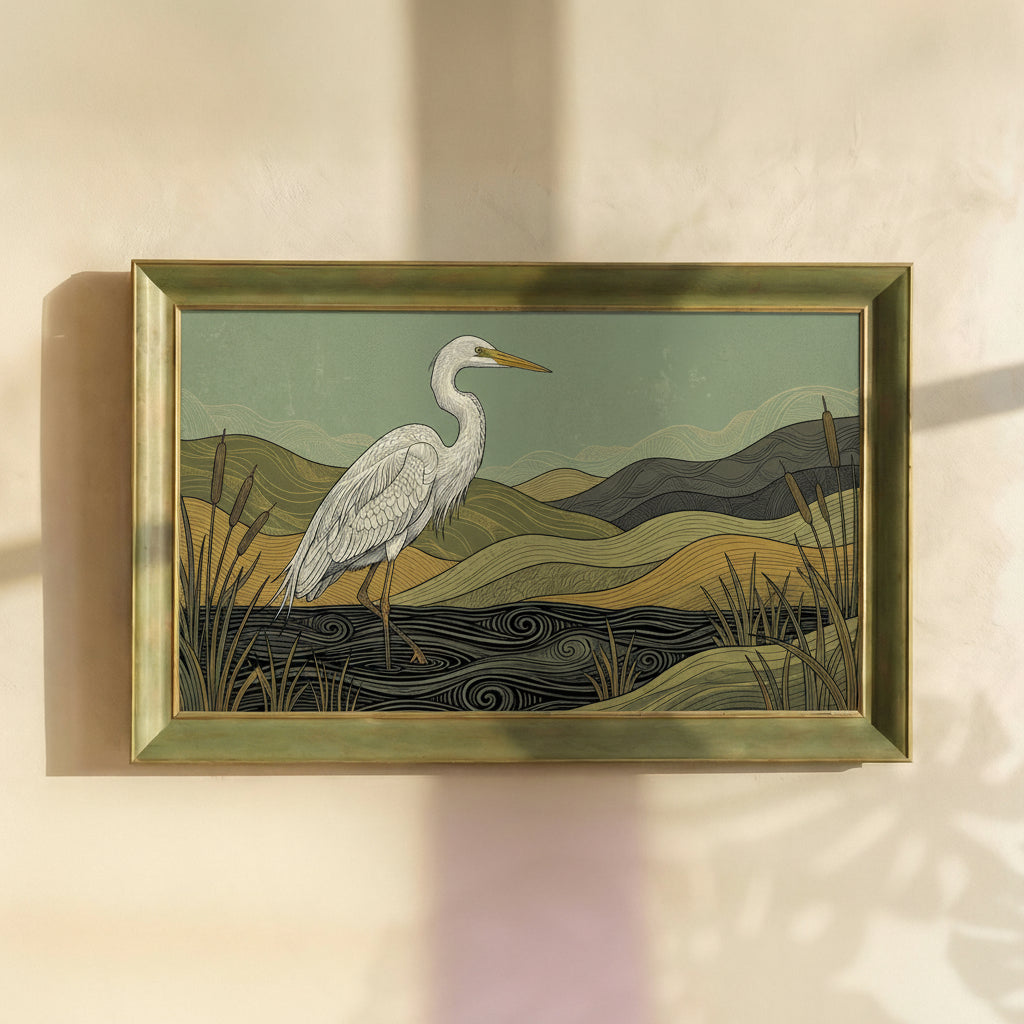 White Heron and Hills Drawing Painting