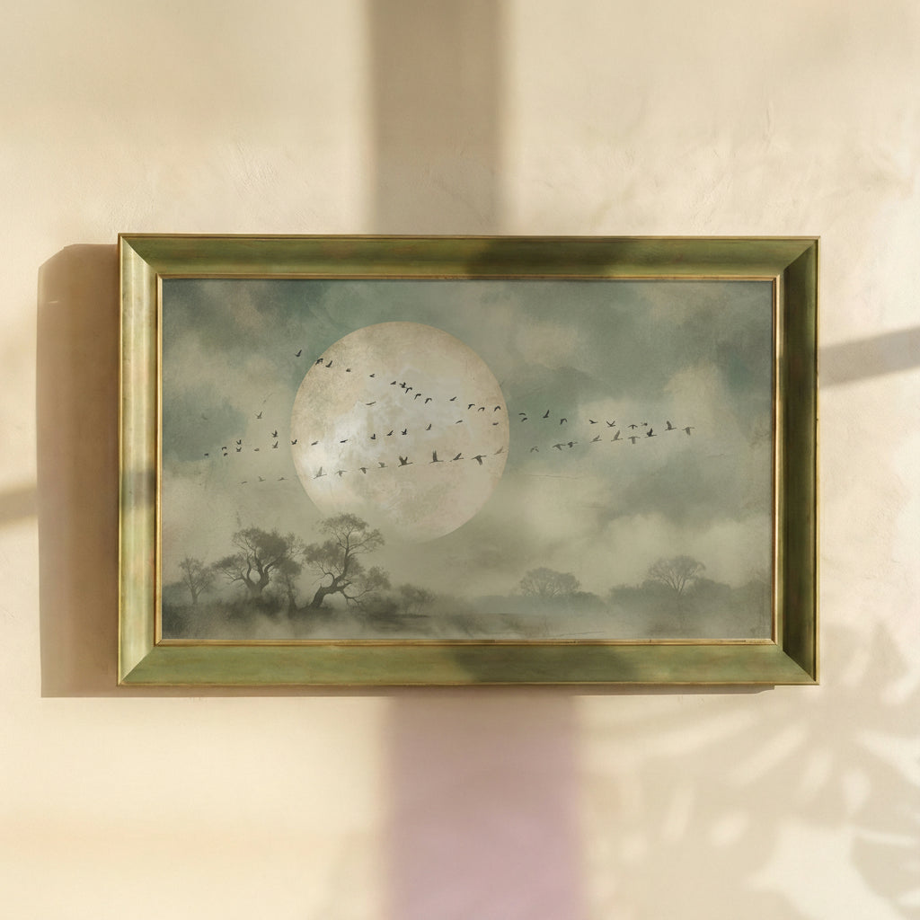 Full Moon and Flying Birds Painting
