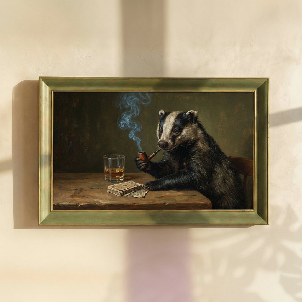 Badger with Whiskey and Pipe on Table Painting