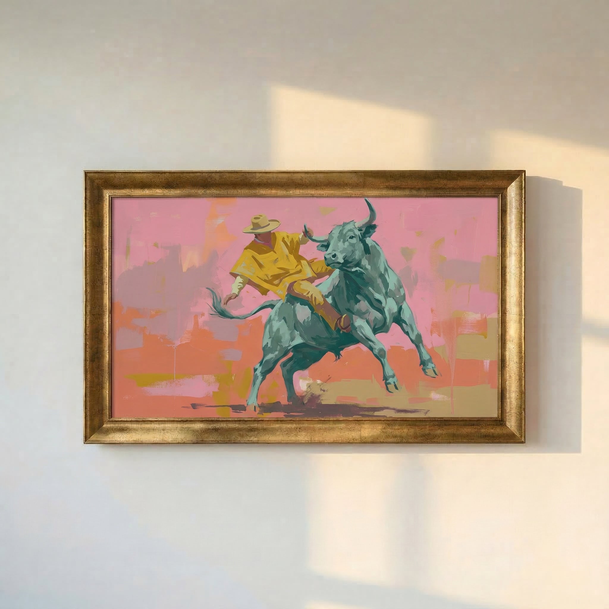 Rodeo Cowboy and Bull Framed Canvas Print