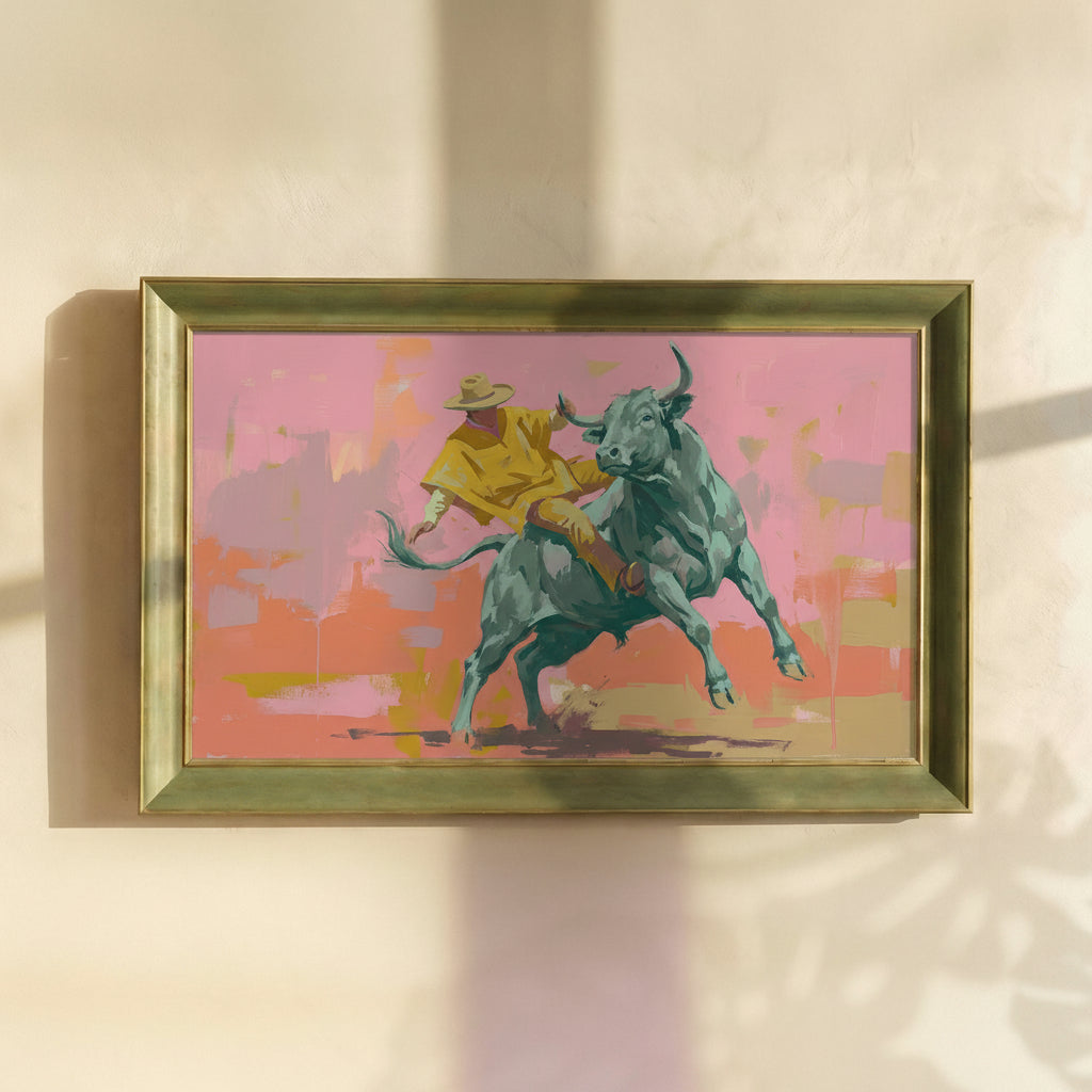 Rodeo Cowboy and Bull Framed Canvas Print
