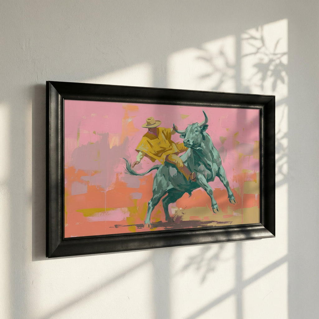 Rodeo Cowboy and Bull Framed Canvas Print