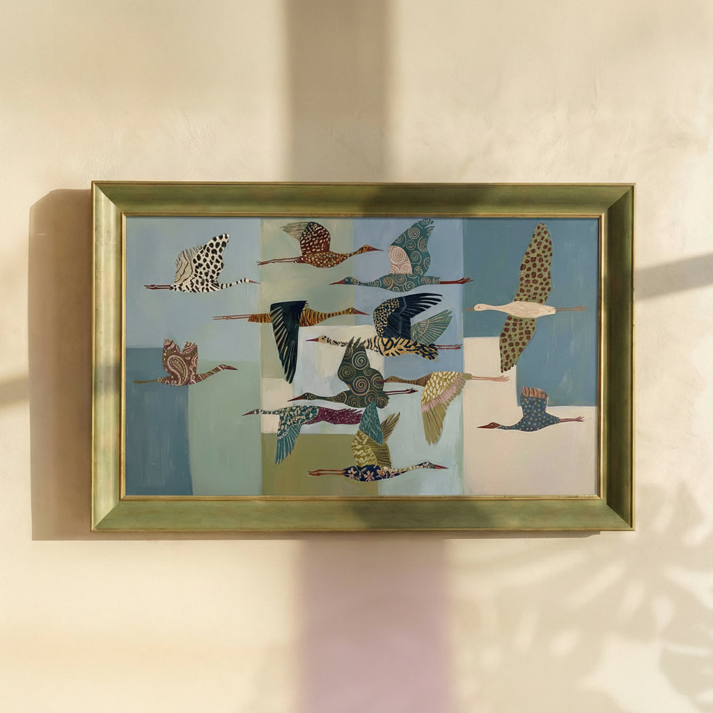 Patterned Flying Cranes Painting