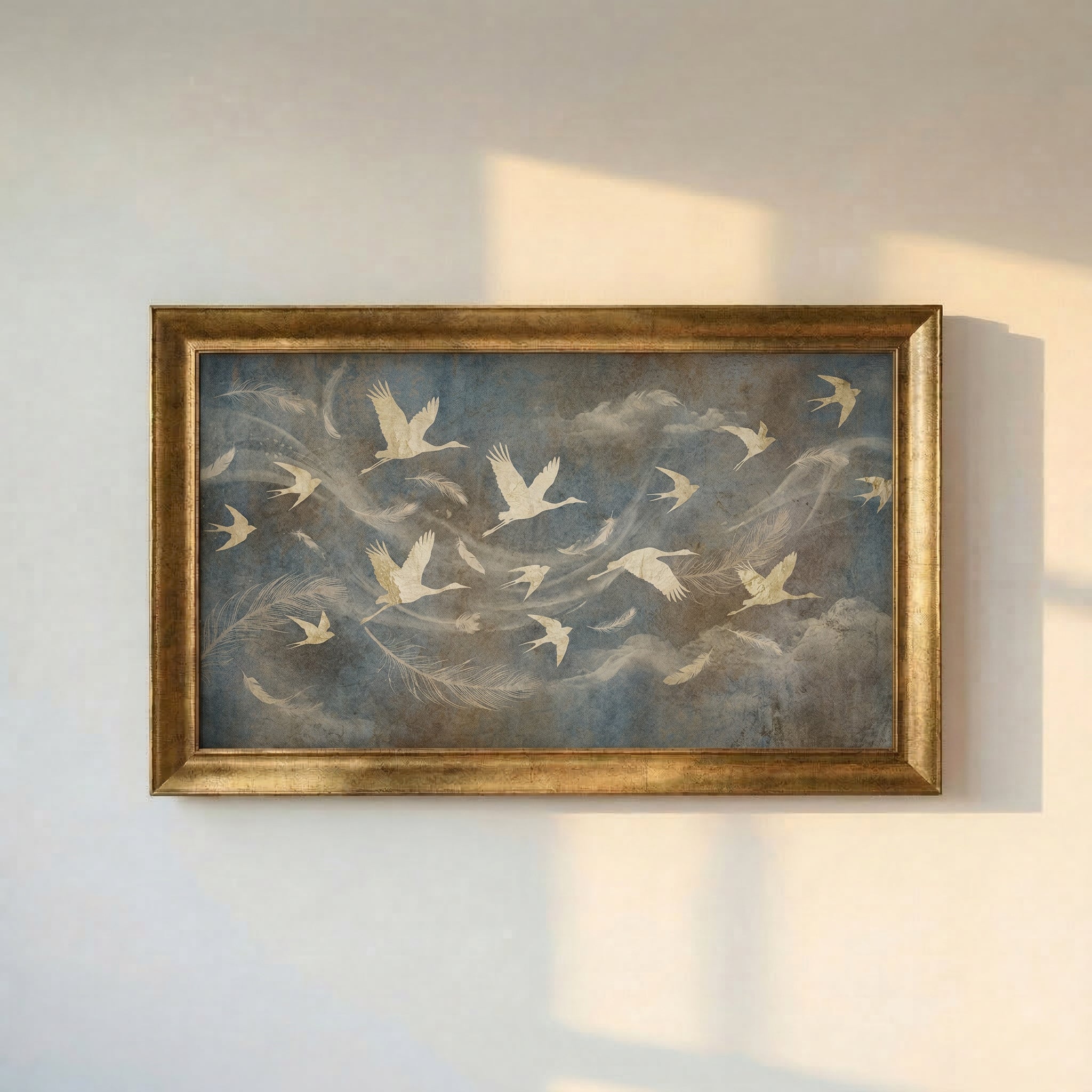 Birds and Feathers Flying in Clouds Framed Canvas Print