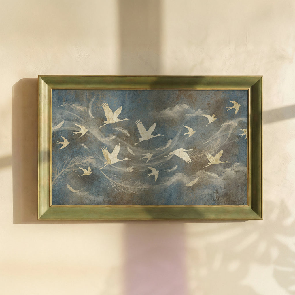 Birds and Feathers Flying in Clouds Painting