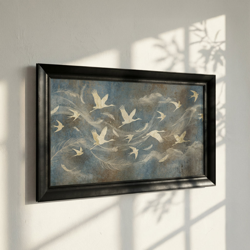 Birds and Feathers Flying in Clouds Framed Canvas Print