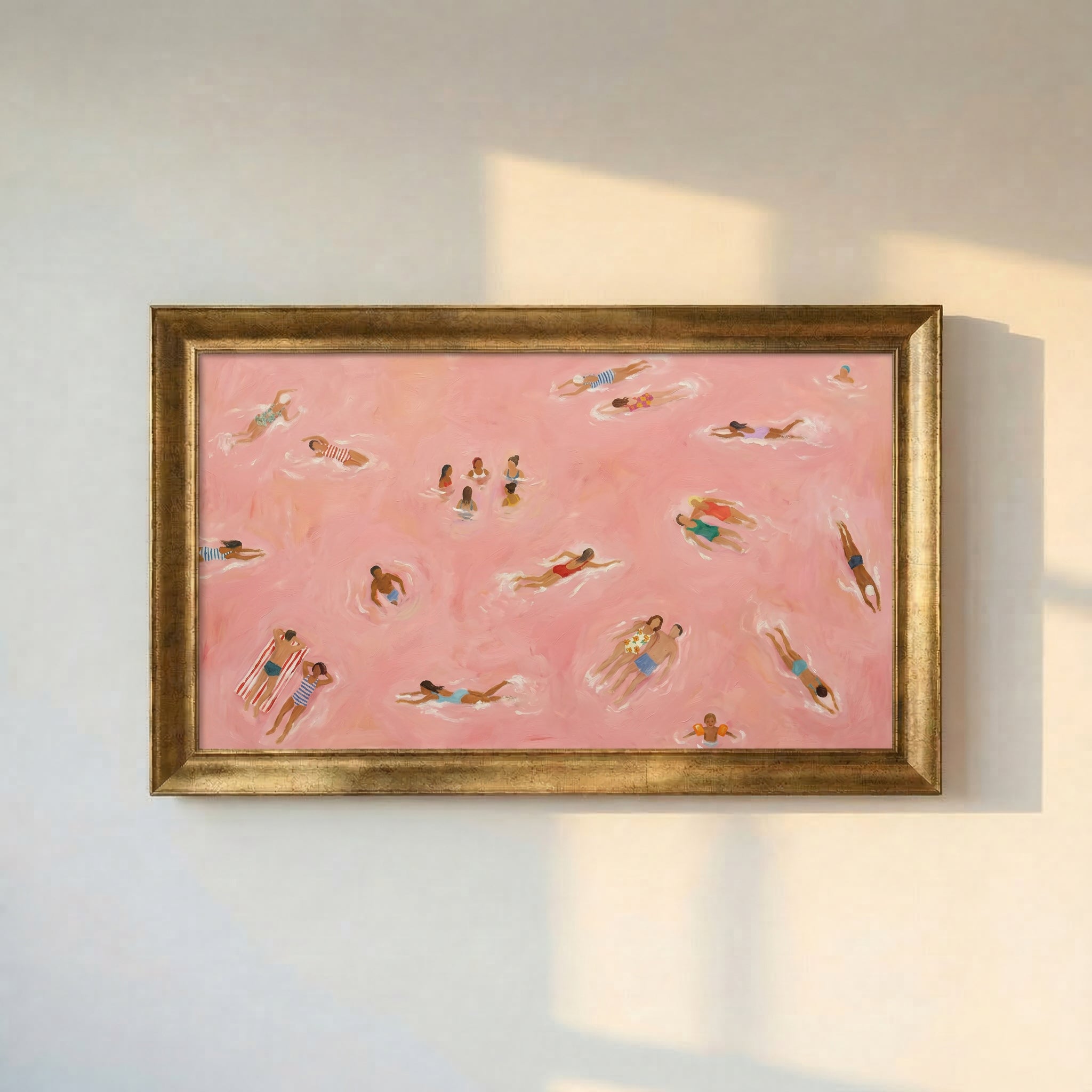 People Swimming in Pink Water Framed Canvas Print