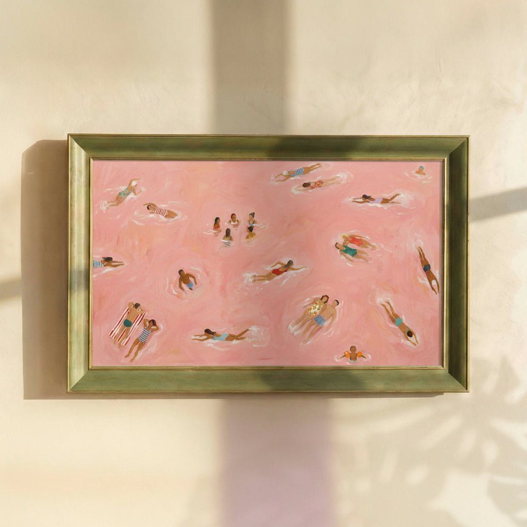 People Swimming in Pink Water Painting