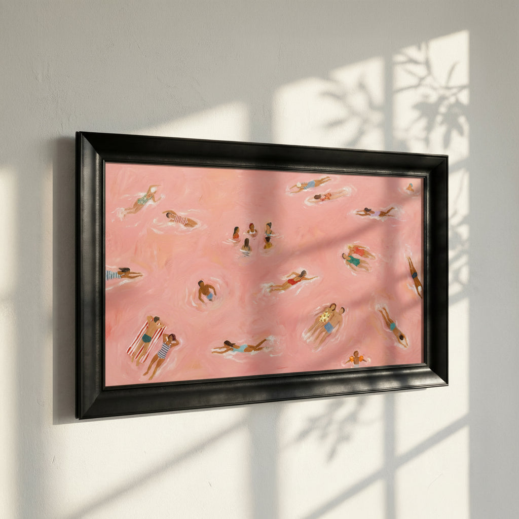 People Swimming in Pink Water Framed Canvas Print