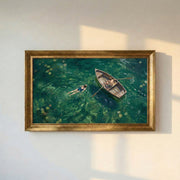 Swimmers and Boat in the Lake Framed Canvas Print