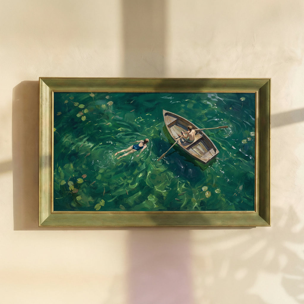 Swimmers and Boat in the Lake Painting