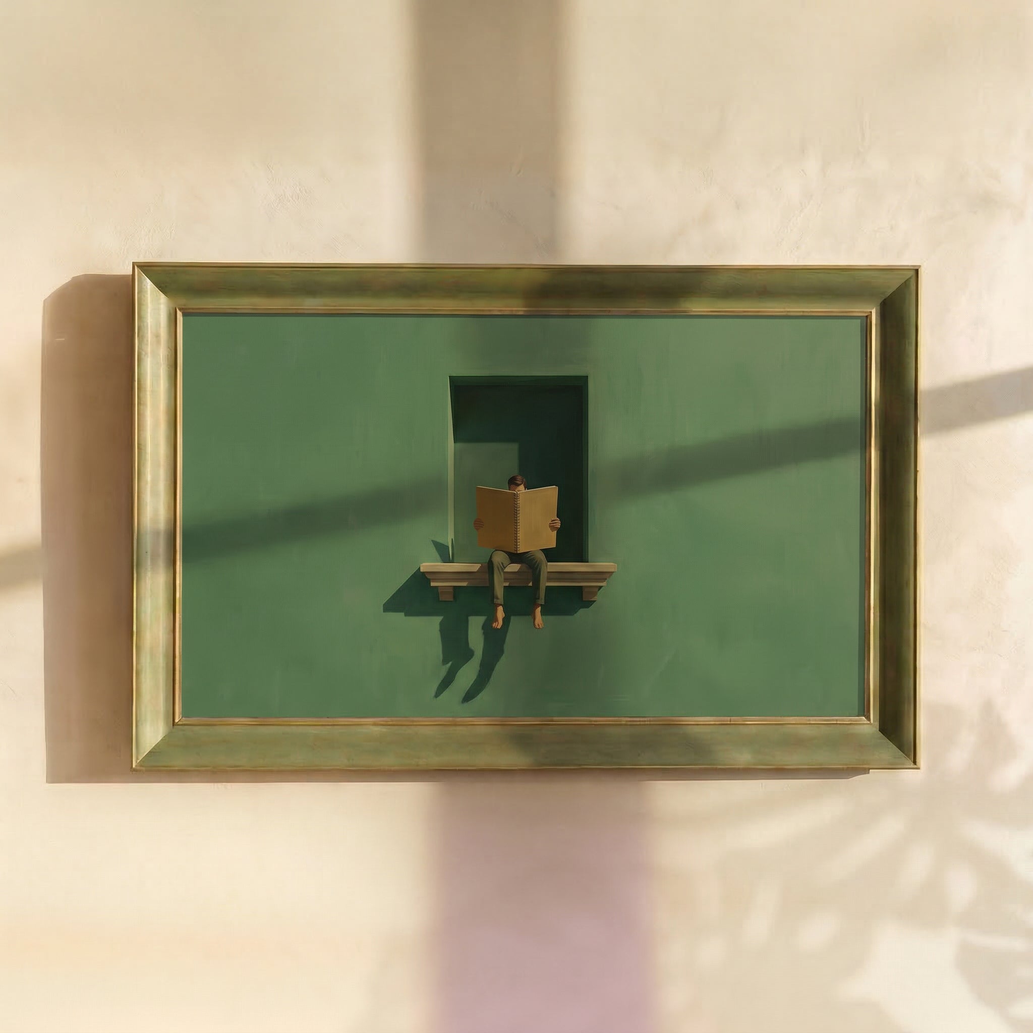 Man Reading a Book on a Green Wall Framed Canvas Print