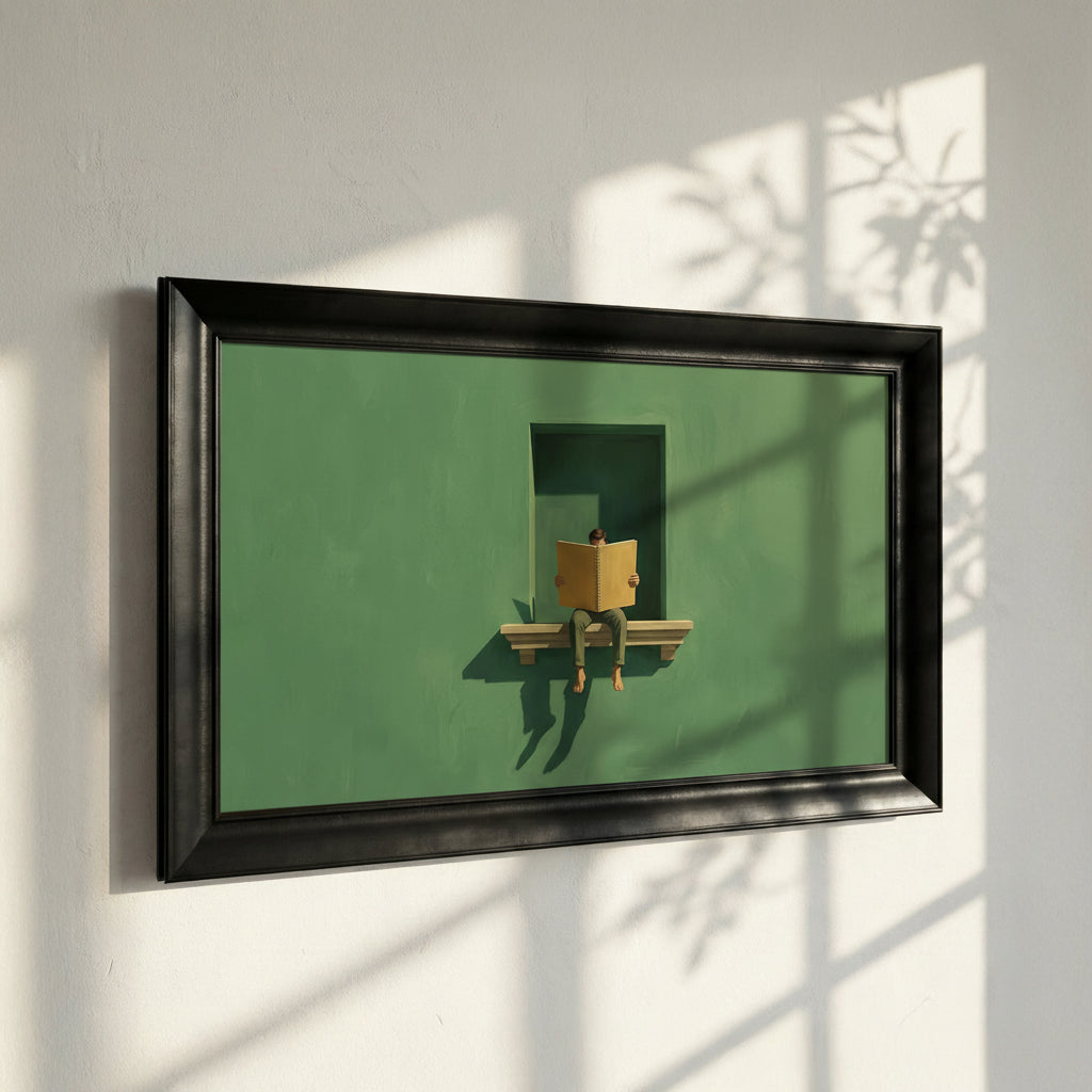 Man Reading a Book on a Green Wall Framed Canvas Print