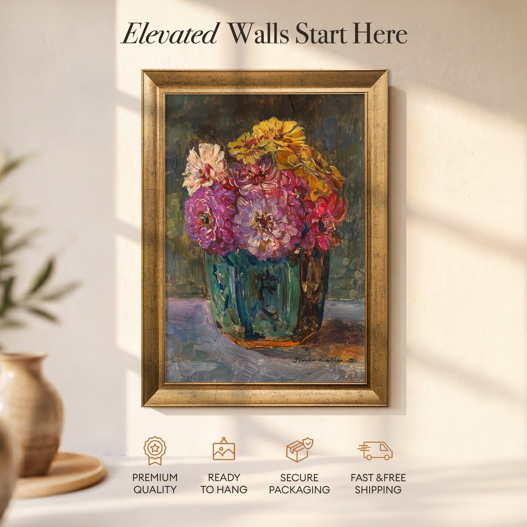 Still Life with Zinnias in a Green Jar | Floris Verster Floral Wall Art Print | Vintage Flower Painting
