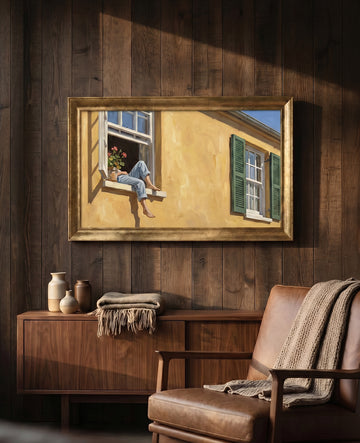 Canvas print of a person resting at a yellow window, in a gold frame on a dark wood wall
