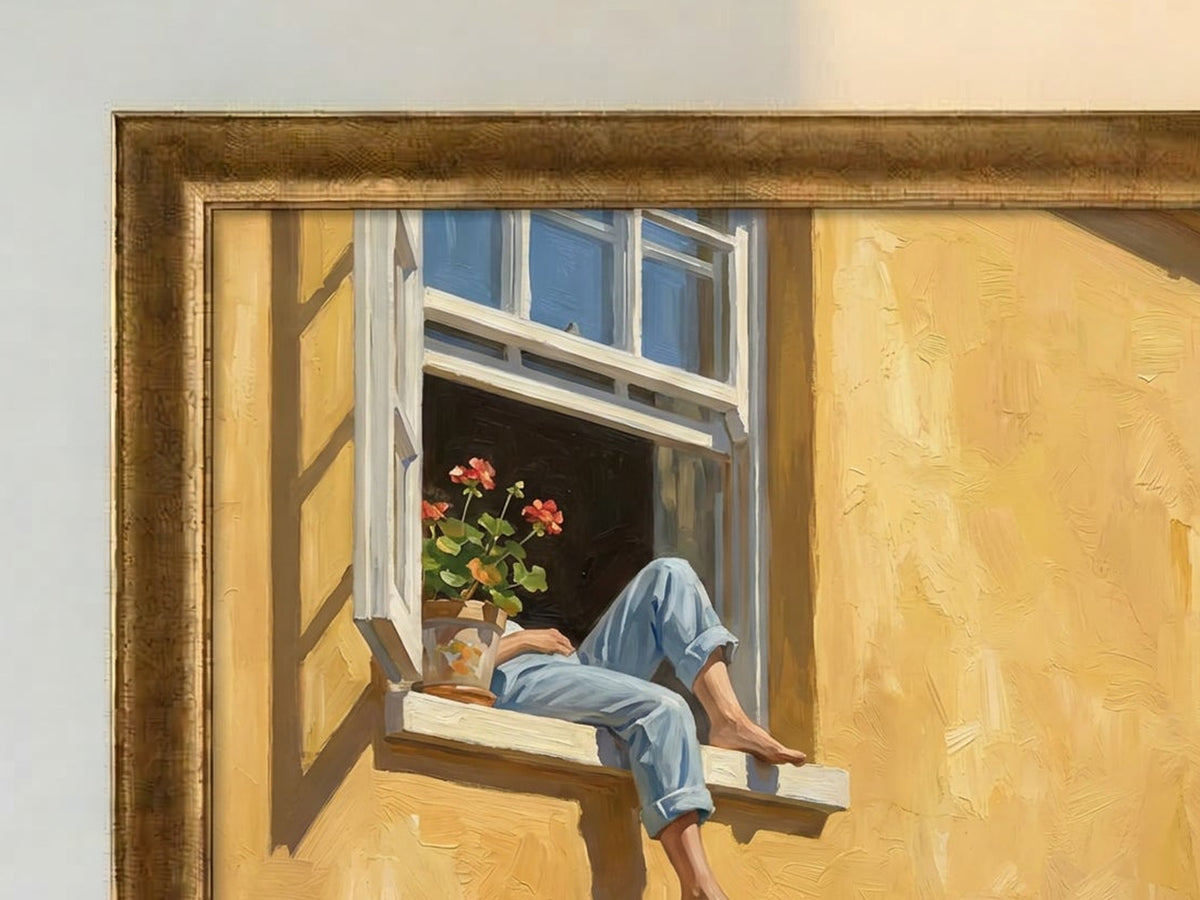 Close-up of a Royal Gold frame by an open white window, red geraniums, and legs in rolled-up jeans on the sill